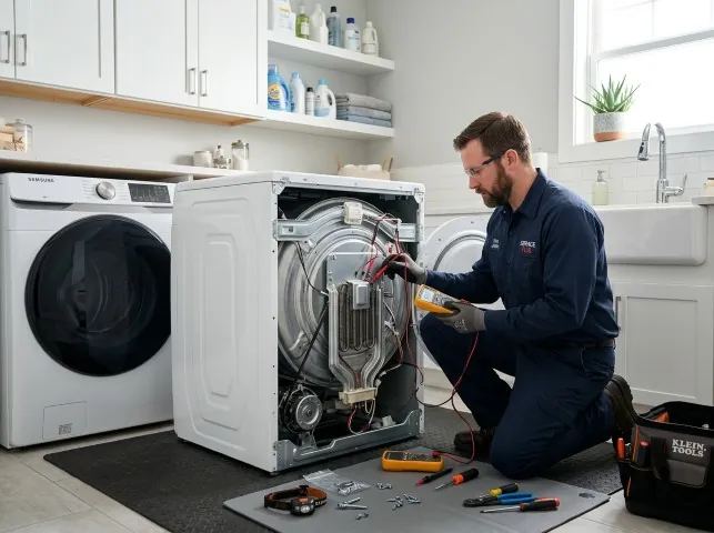 Appliance Repair Hero technician checking a dryer heating element with the rear panel off in Brea, CA