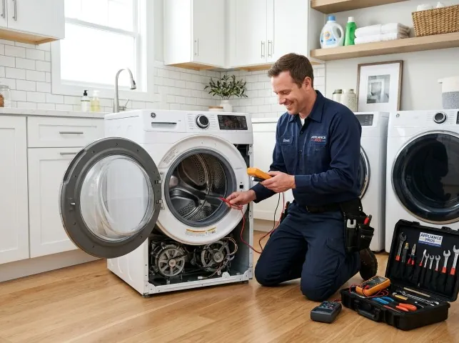 Appliance Repair Hero technician testing a front-load washer with a multimeter on a Brea, CA service call